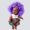 The Aimee Doll in Purple Afro Hair Branded Dress - Dark Skin standing The Aimee Doll in Purple Afro Hair Branded Dress - Dark Skin