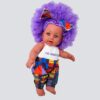 The Aimee Doll in Purple Afro Hair and Branded Jumpsuit - Light Brown - standing The Aimee Doll in Purple Afro Hair and Branded Jumpsuit - Light Brown