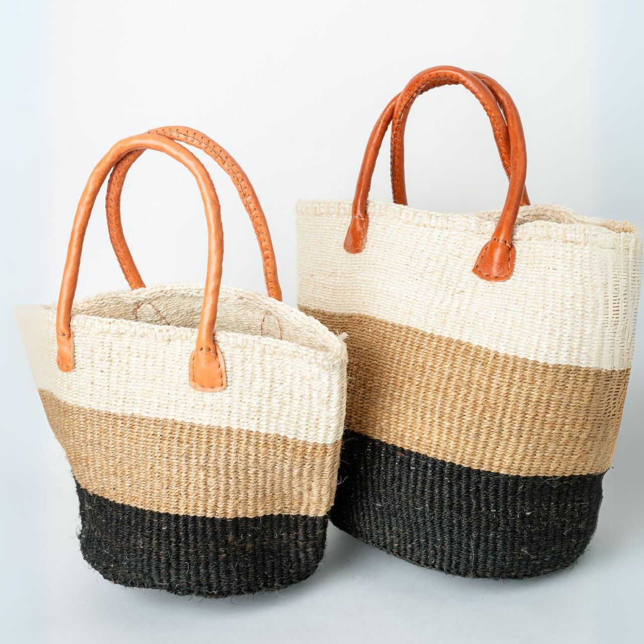 Tri-color (Ivory, Sand & Onyx, and Strata) Sisal Basket Bag with leather handles 2 Tri-color (Ivory, Sand & Onyx, and Strata) Sisal Basket Bag with leather handles 2