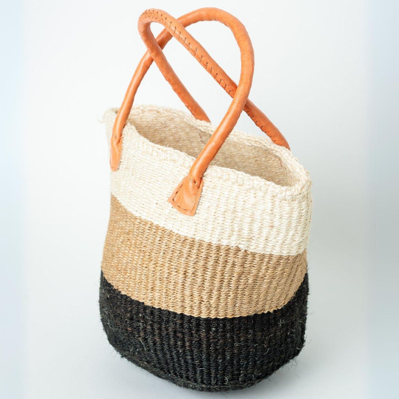 Tri-color (Ivory, Sand & Onyx, and Strata) Sisal Basket Bag with leather handles Side Tri-color (Ivory, Sand & Onyx, and Strata) Sisal Basket Bag with leather handles Side