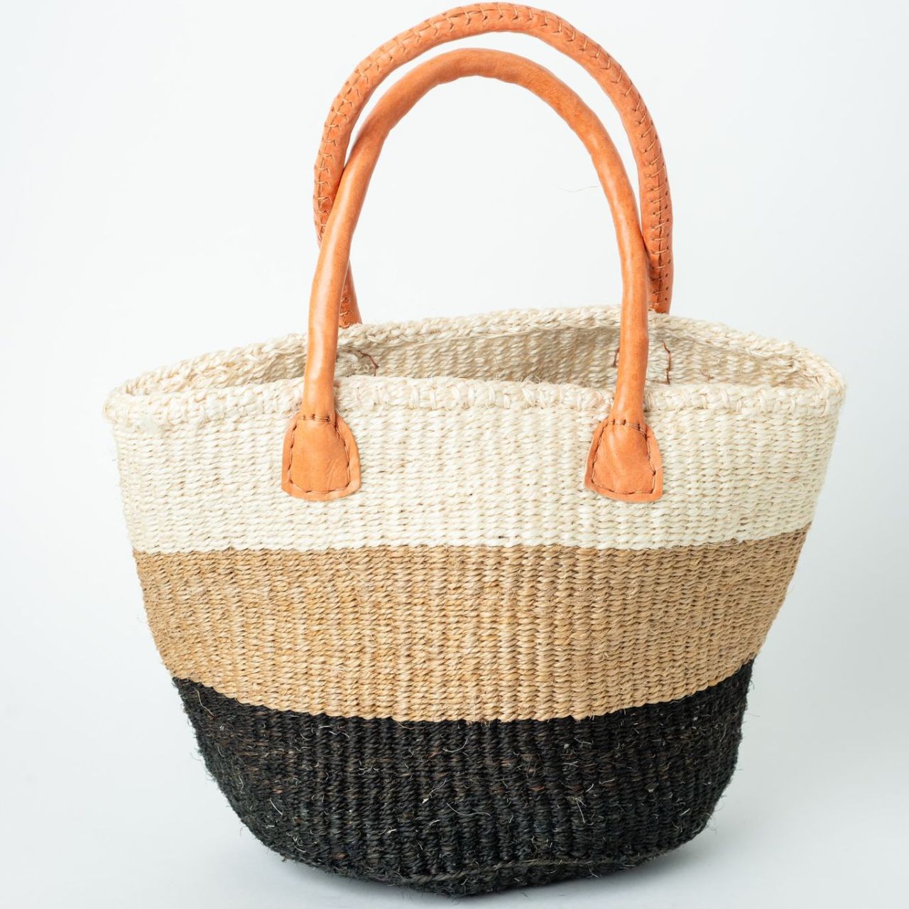 Tri-color (Ivory, Sand & Onyx, and Strata) Sisal Basket Bag with leather handles open Tri-color (Ivory, Sand & Onyx, and Strata) Sisal Basket Bag with leather handles open