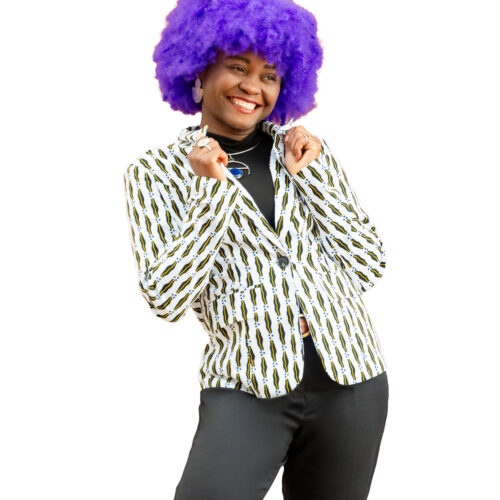 White Patterned Blazer with Beaded Black Hat