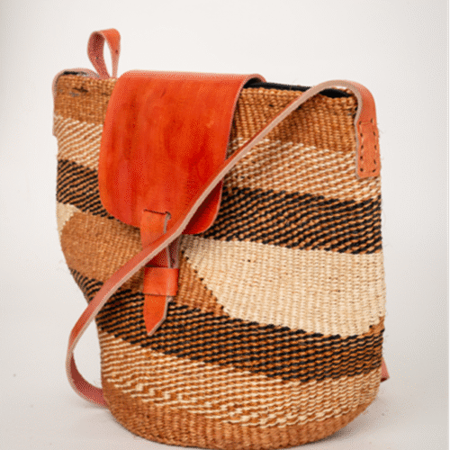 Natural Color Sisal Bag - Orange Leather Flap with Striped Pattern