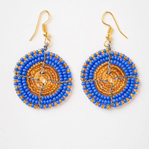 Mothers day gift Blue and gold beaded one circle dangly earrings—bright, joyful, and easy to wear