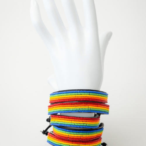 Rainbow Glass Bead Bracelets: (leather) - Stacked