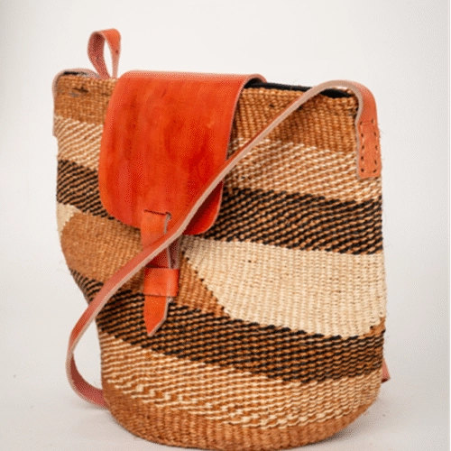 Natural Color Sisal Bag – Orange Leather Flap with Striped Pattern