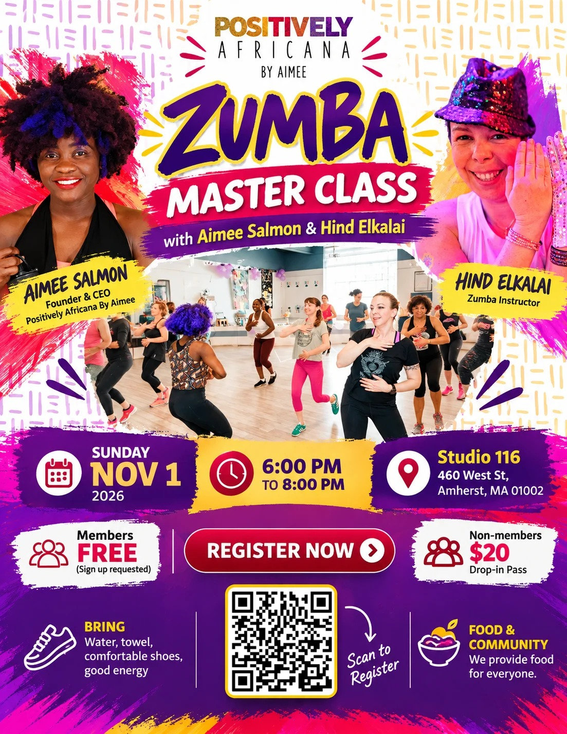November 1 Zumba Master Class with Aimee Salmon and Hind Elkalai at Studio 116 in Amherst, MA